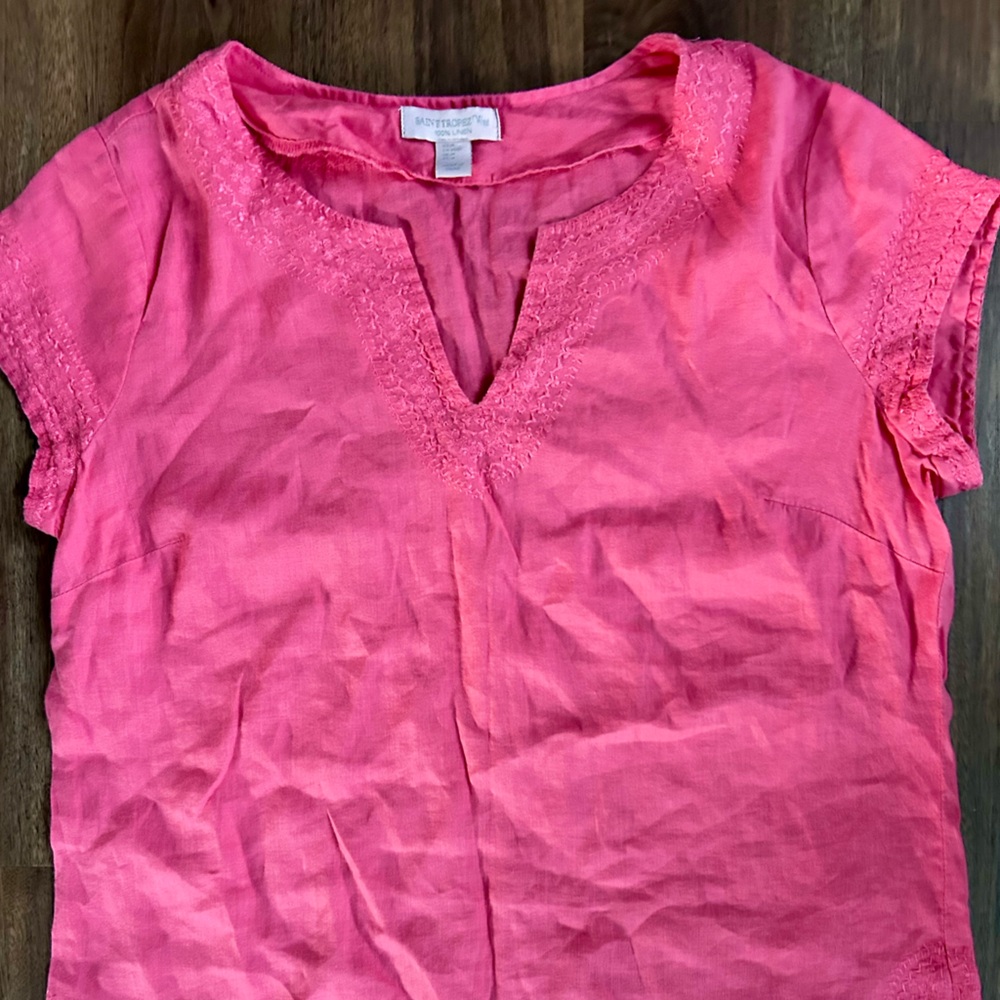 SAINT TROPEZ 100% Linen Embroidered Notch Neck Short Sleeve Top Casual Pink Sz M - Picture 7 of 16